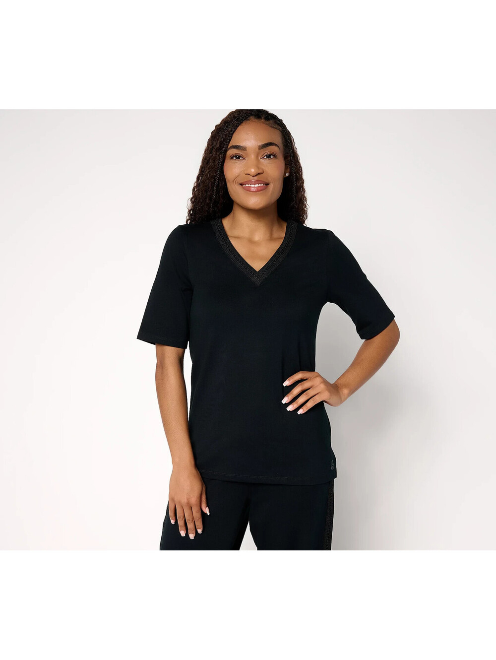 Cuddl Duds Cottonwear+ V-Neck Crochet Trim Short Sleeve Tee Black, Size Medium